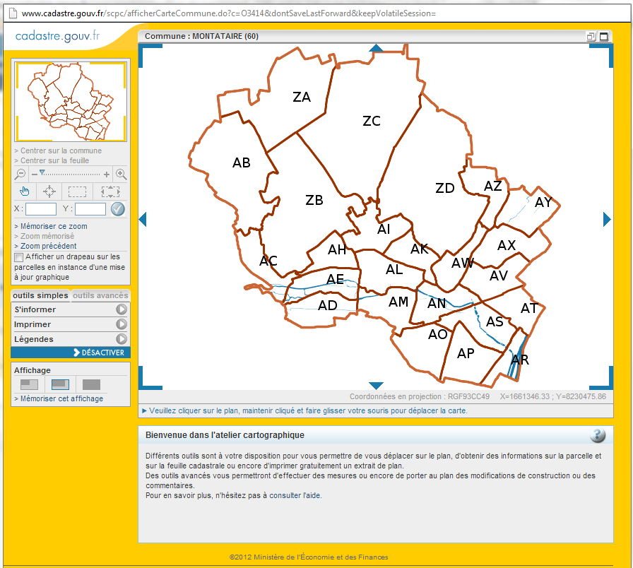 capture d'écran de l'outil de visualisation du cadastre sur Montataire : cadastre.gouv.fr